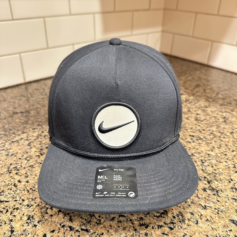 Nike Pro Cap  M/L Snapback Flat Brim Hat Black Dri-FIT Swoosh Logo New